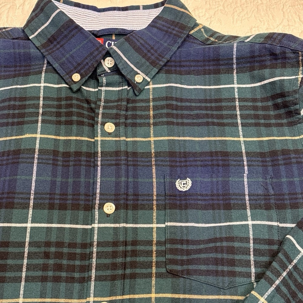 Chaps Mens Long Sleeve Button Flannel Shirt Size L Green Blue Plaid Check